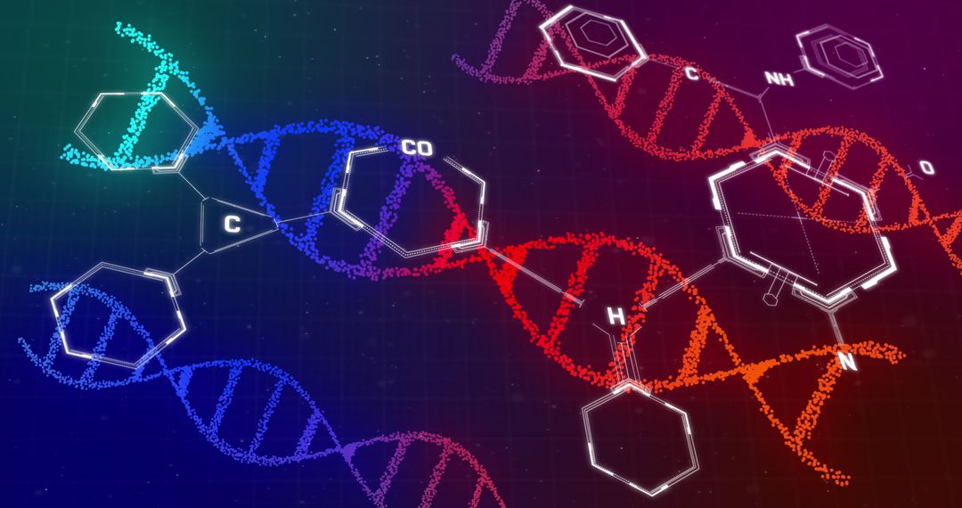 Complex Chemical Structures Overlaying Vibrant DNA Helix