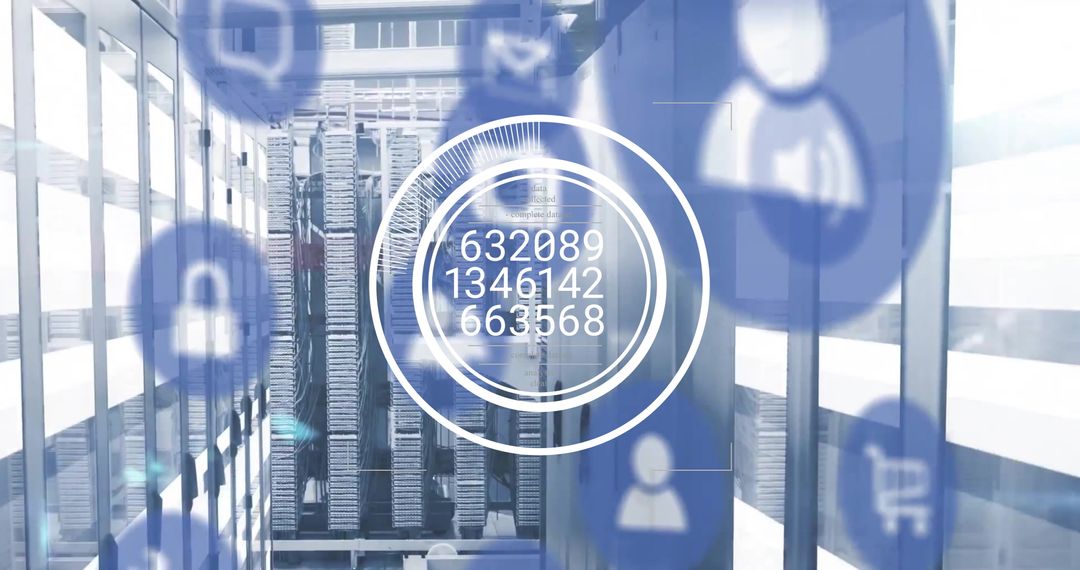 Futuristic Data Processing with Digital Interface Overlay in Server Room