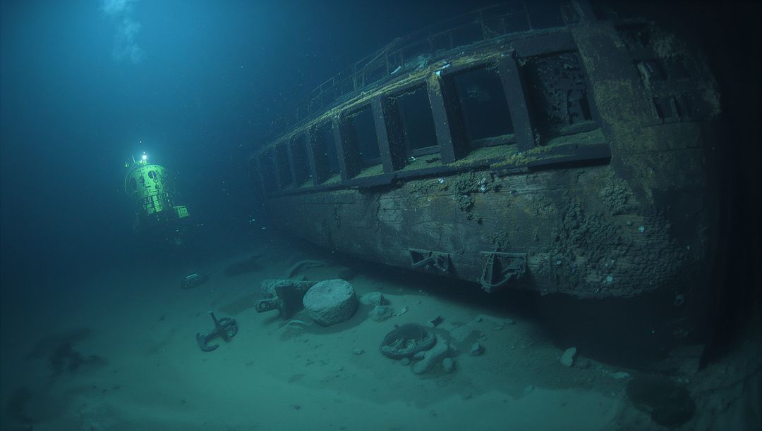ROV illuminating rusted shipwreck hull on sandy deep sea floor with spotlighted anchors