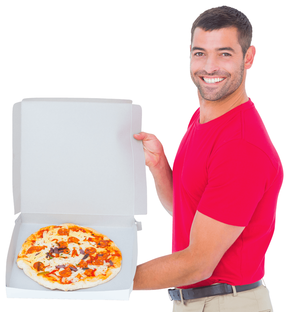 Smiling Delivery Man Holding Pizza Box on Transparent Background