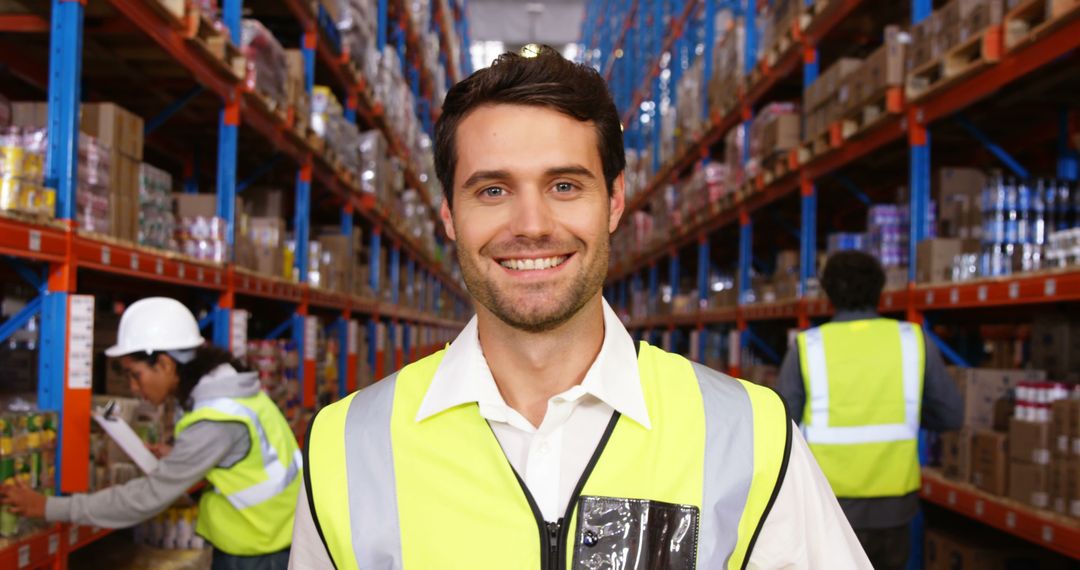 Warehouse Worker Smiling in Storage Facility aisle - Free Images, Stock Photos and Pictures on Pikwizard.com