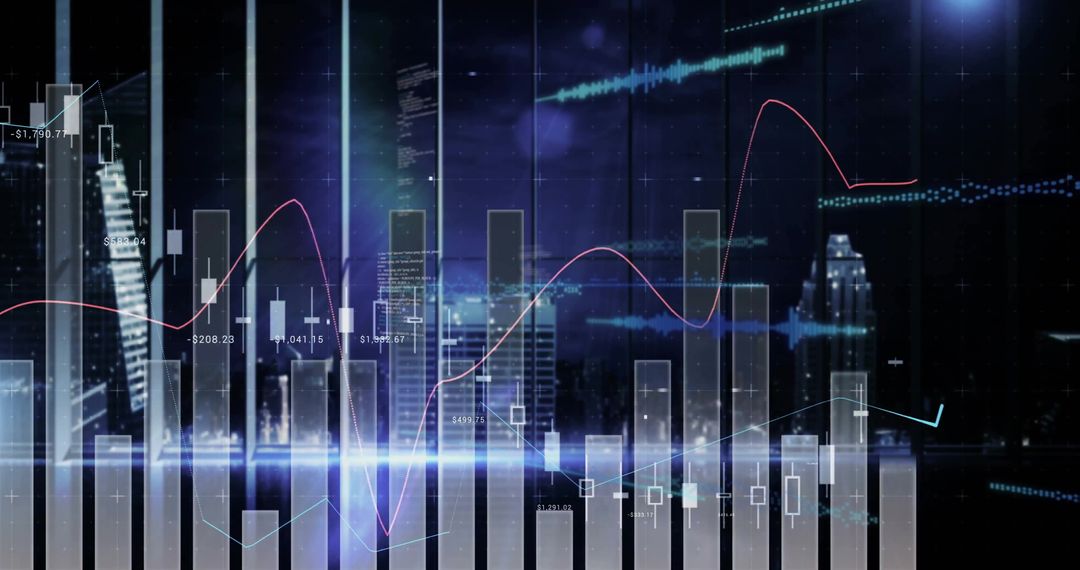 Futuristic Financial Dashboard Overlay on City Skyline