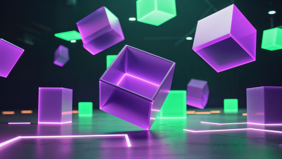 Futuristic Neon Cubes with Glowing Design in Surreal Environment