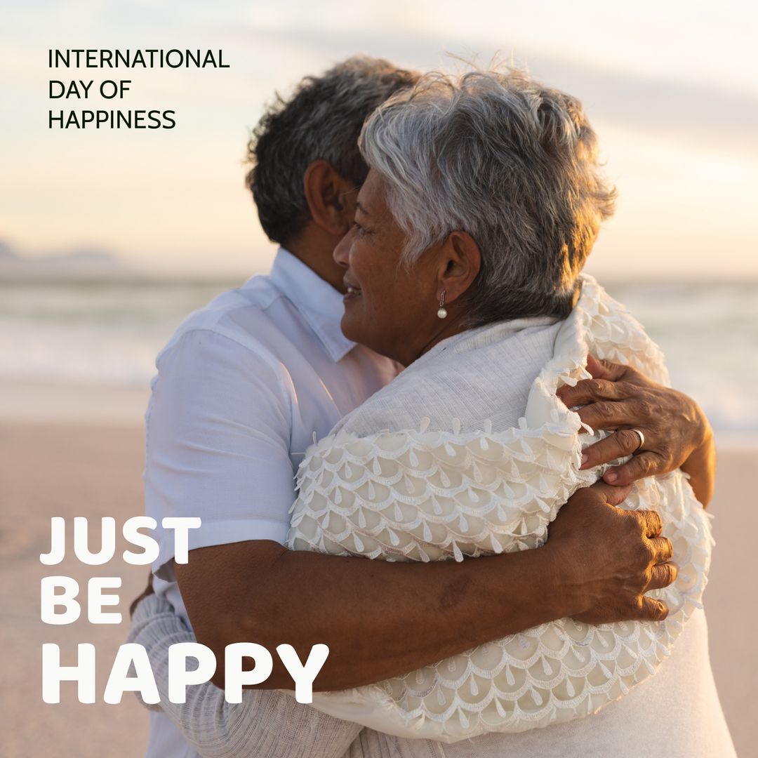 Senior Couple Embracing on Beach for International Day of Happiness - Download Free Stock Templates Pikwizard.com