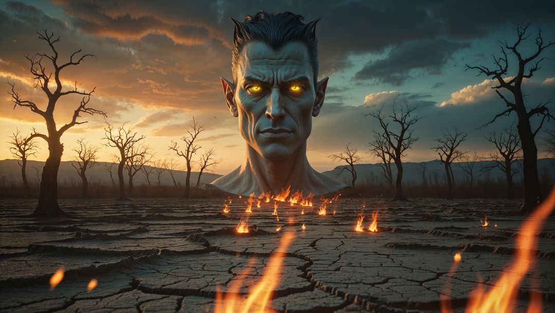 Mystical lucifer head hovering over fiery barren landscape