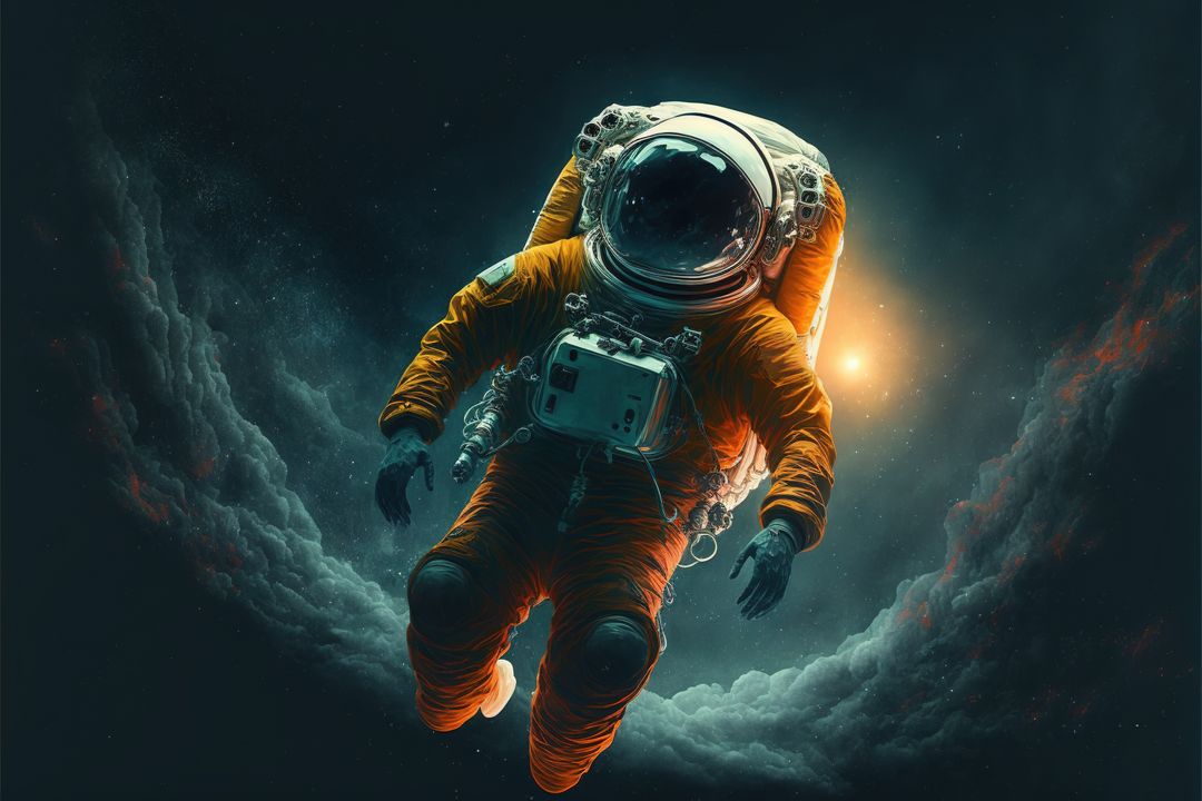 Astronaut in Orange Suit Floating in Outer Space with Stars
