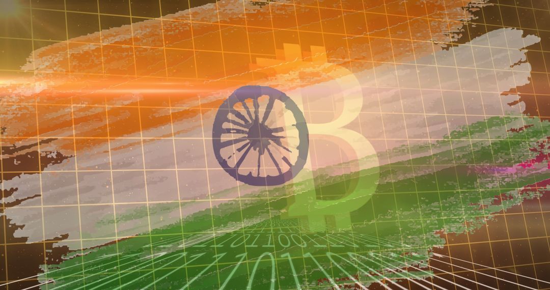 Bitcoin Superimposed on Indian Flag with Digital Matrix