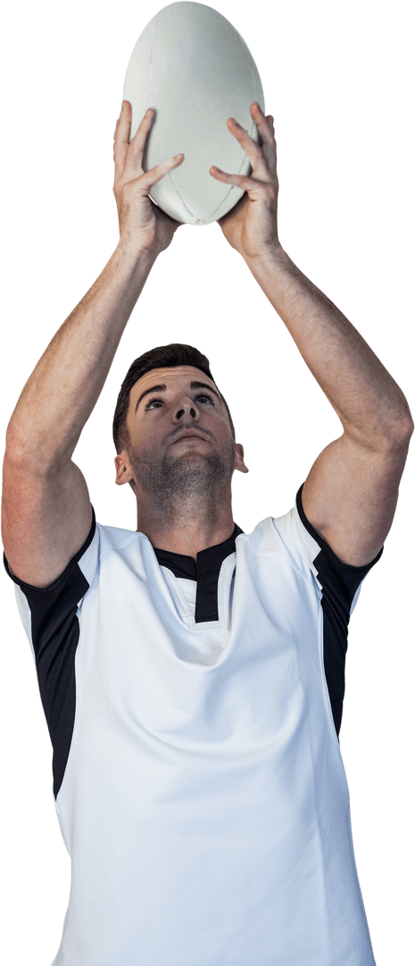 Transparent Rugby Player Holding Rugby Ball Viewed from Below
