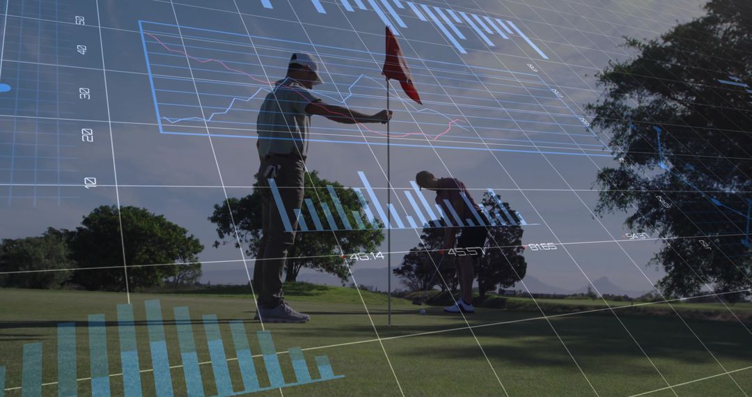 Golfers Analyzing Putting Strategy with Data Overlays