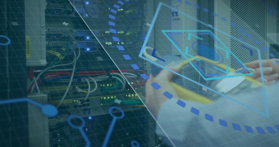 Technician Inspects Server with Digital Overlay of Network Connection