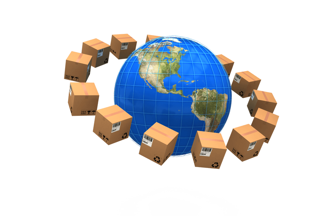 Transparent Globes Surrounded by Cardboard Boxes Symbolizing Global Shipping