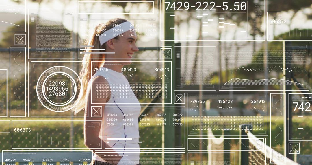 Young Female Tennis Player Standing Smiling by Net at Sunset with Digital Data Overlays
