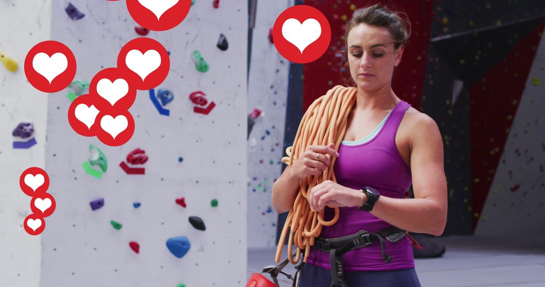 Fit Woman with Climbing Rope Using Smartwatch at Gym