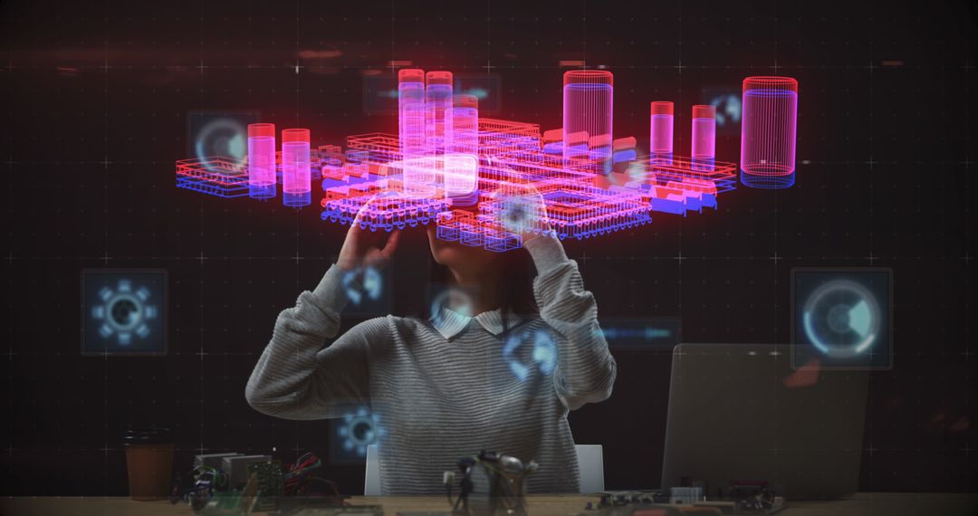 Woman Engaging with Digital Interface Using VR Headset