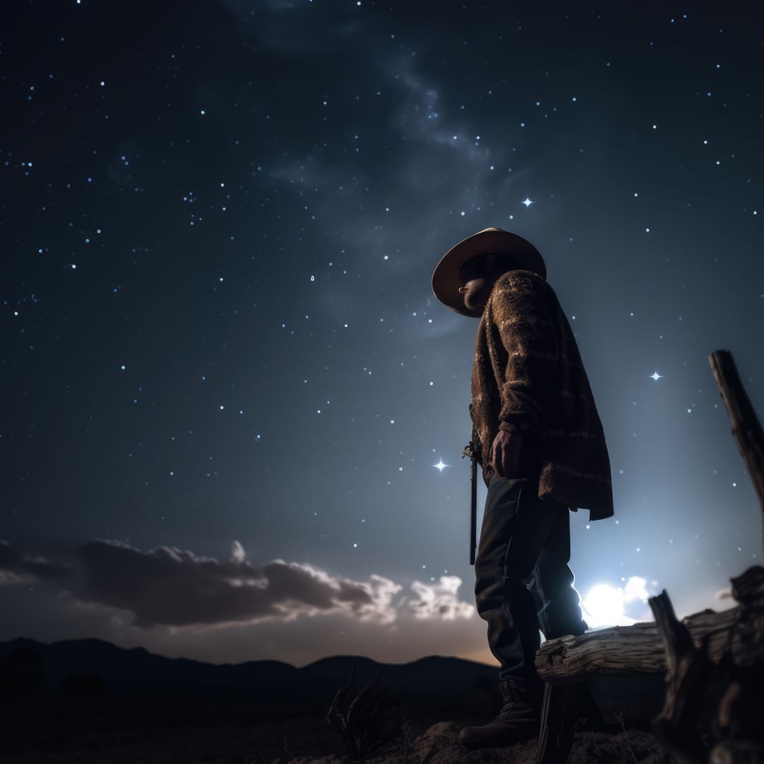 Cowboy Under Starry Night Sky in Desert - Free Images, Stock Photos and Pictures on Pikwizard.com