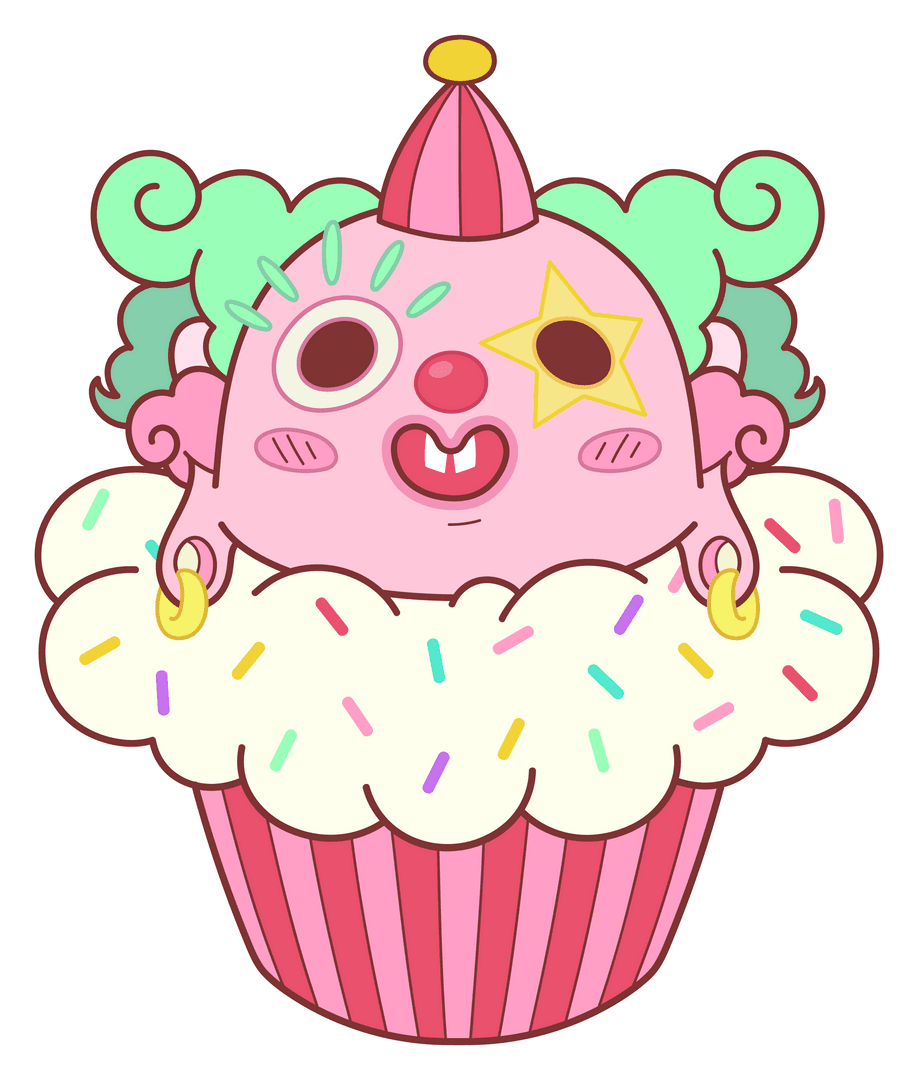 Whimsical Cupcake Clown with Party Hat on Transparent Background