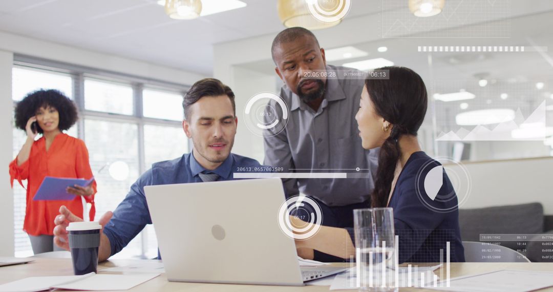 Business Team Analyzing Data with Innovative Technology Overlays