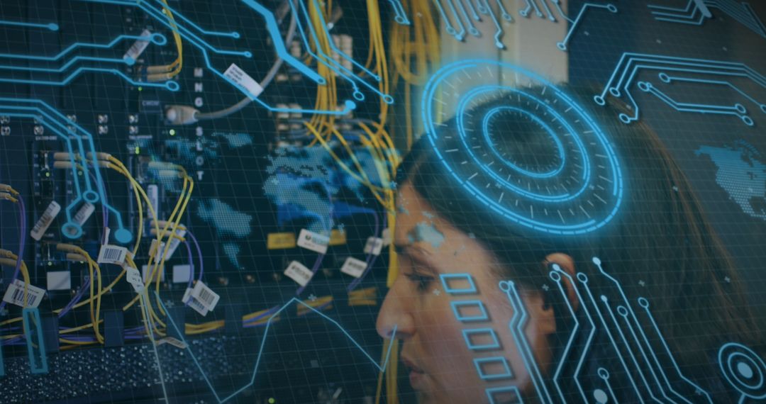 Futuristic IT Technician Analyzing Network Rack