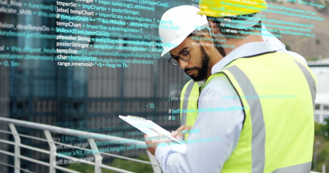 Engineers Analyzing Data with Augmented Reality at Construction Site