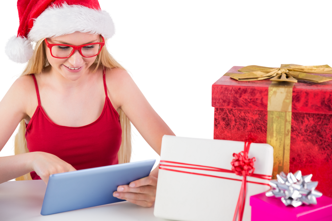 Transparent Festive Blonde Woman, Shopping Online, Santa Hat, Christmas Gifts, Tablet - Download Free Stock Images Pikwizard.com