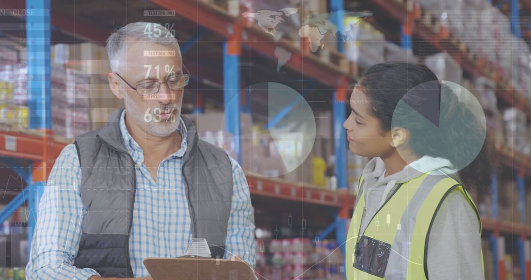 Warehouse Manager Discussing Strategy with Worker Amid Digital Data Overlay - Free Images, Stock Photos and Pictures on Pikwizard.com