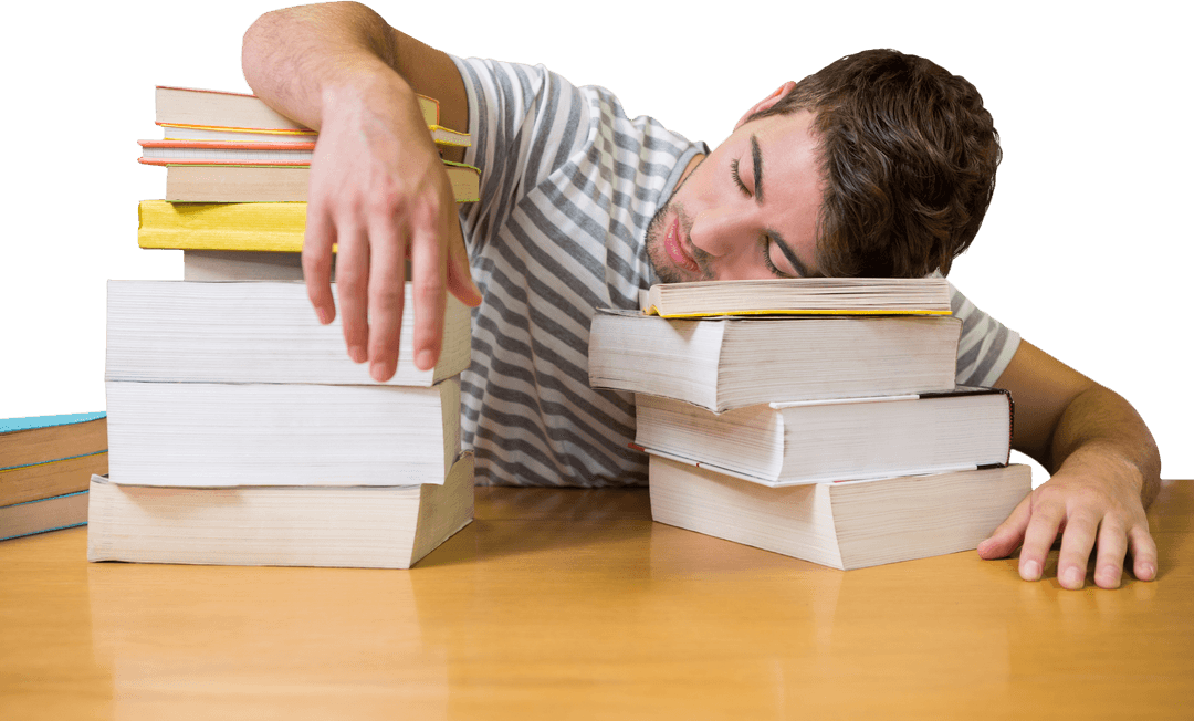 Exhausted Student Sleeping with Books Surrounded by Transparent Backgrounds