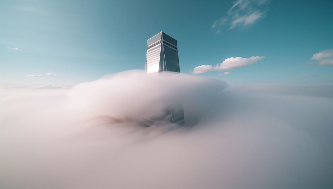 Skyscraper Emerging Through Dense Fog in Serene Sky