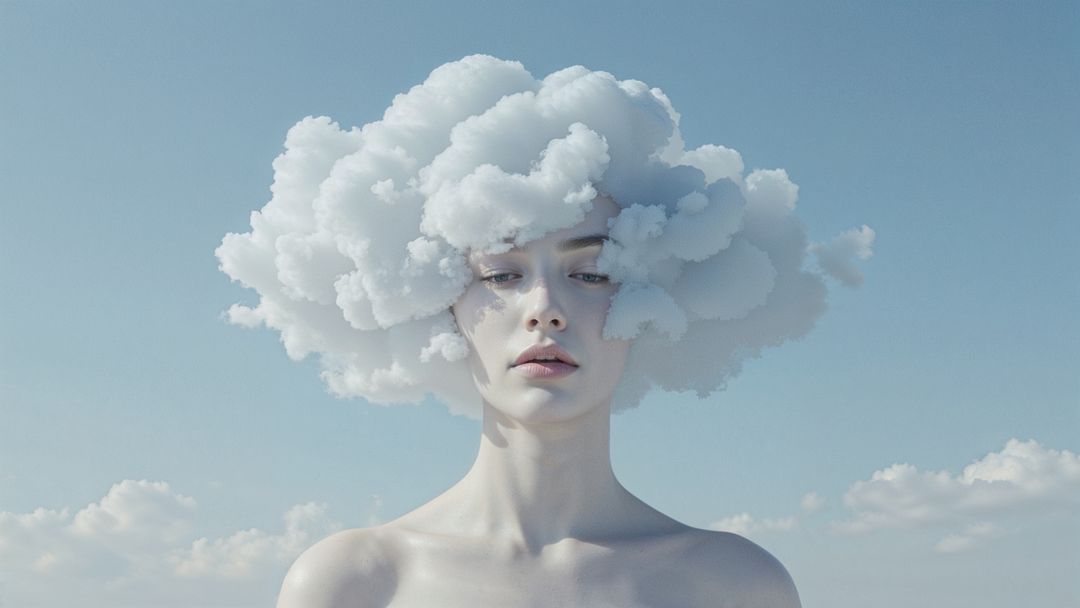 Surreal Female Figure with Cloud Enveloping Head in Open Sky