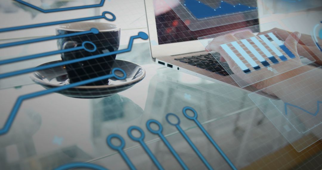 Digital Overlay of Business Graphs with Coffee and Laptop Workspace