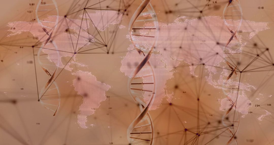DNA Strands Overlay World Map with Network Connections