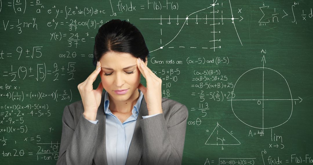 A stressed woman attempts to tackle complex math on a chalkboard. - Free Images, Stock Photos and Pictures on Pikwizard.com