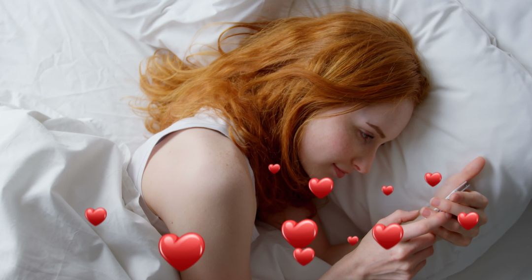 Woman in Bed Texting with Vibrant Hearts Overlay Display