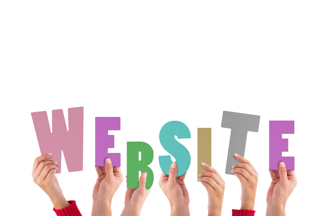 Hands Holding Colorful Website Text on Transparent Background