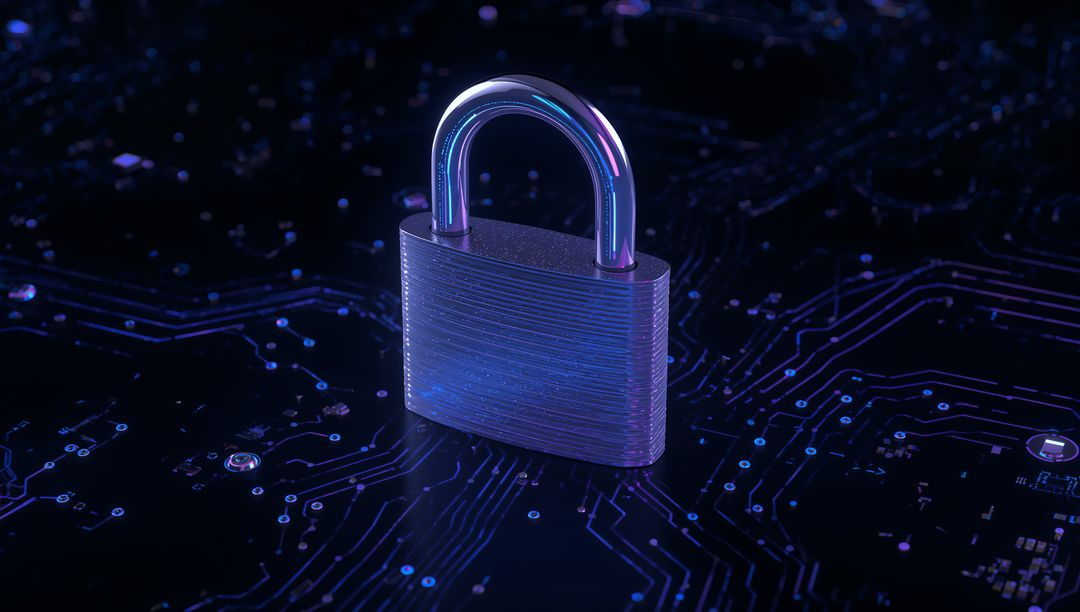 Standing Padlock Dominating Dark Circuit Board for High-Tech Security