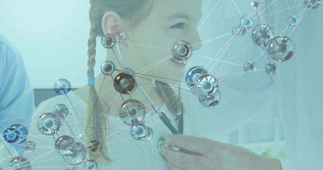 Child receiving pediatric stethoscope exam with holographic molecular network overlay