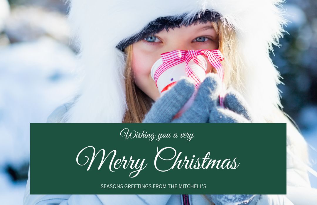 Festive Woman Enjoying Warm Christmas with Gift in Snowy Surrounding