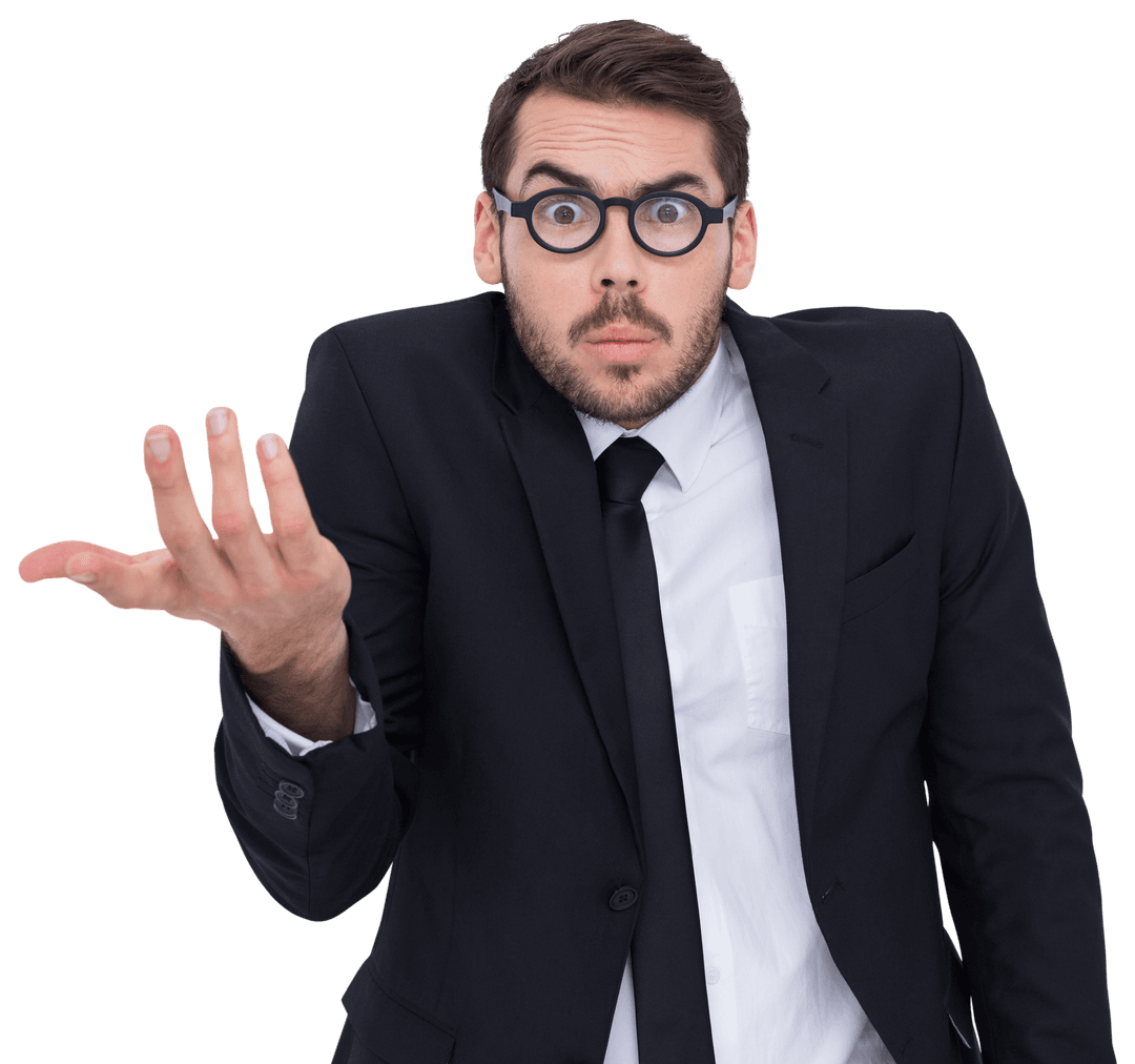 Transparent Businessman with Skeptical Gesture in black suit and glasses