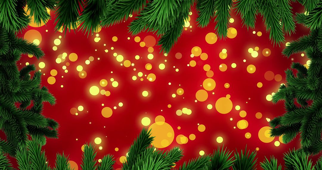 Festive Fir Tree Branches with Glowing Lights on Red Background
