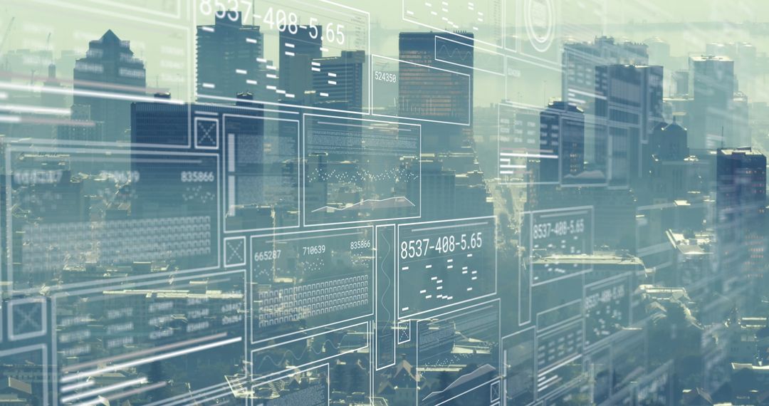 Cityscape Overlaid with Data Processing Interface