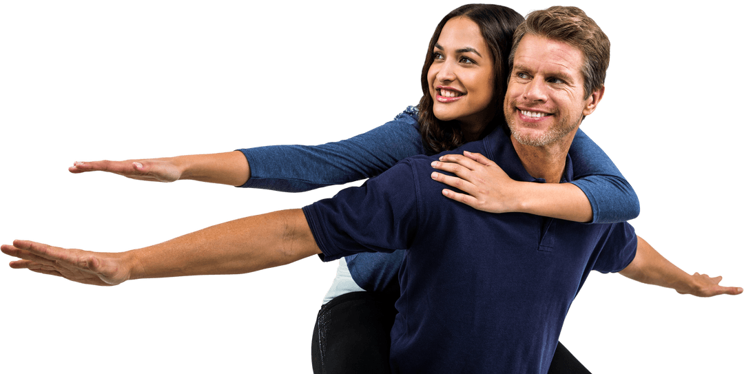 Transparent Playful Couple Piggyback Pose with Outstretched Arms