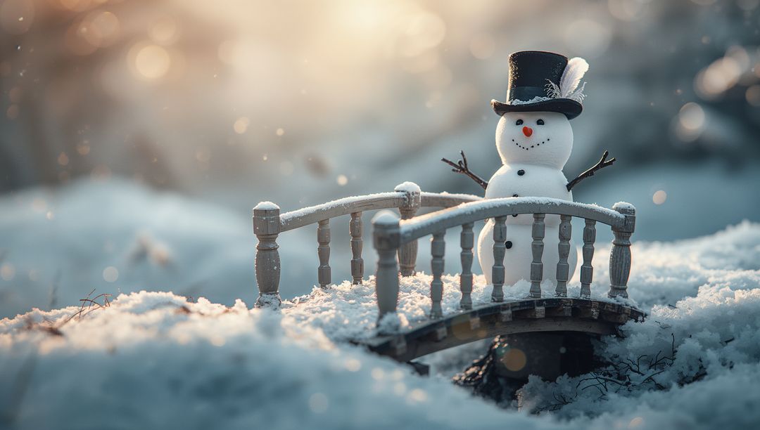 Whimsical Snowman Standing On Frosty Bridge In Tranquil Winter Garden