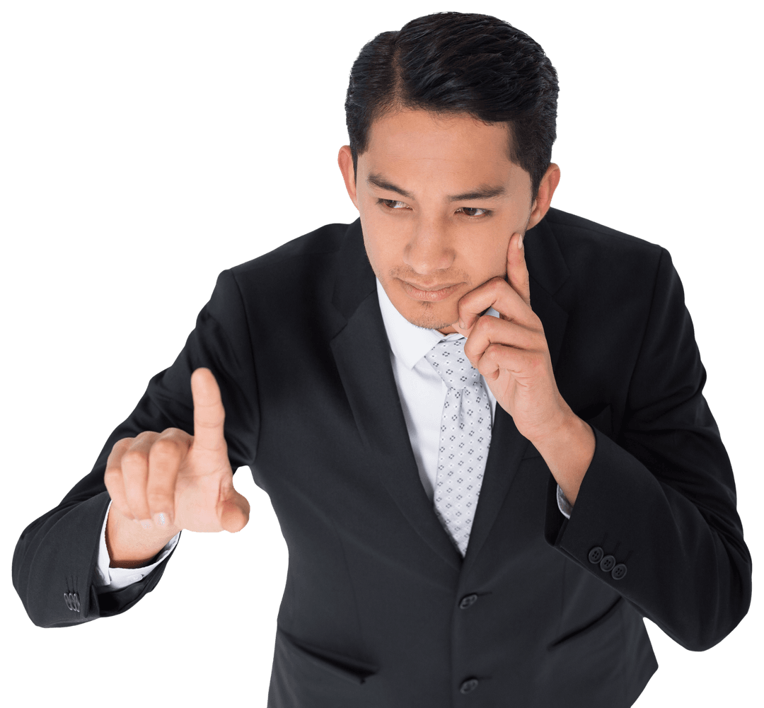 Asian Businessman Perplexed and Pointing on Transparent Background