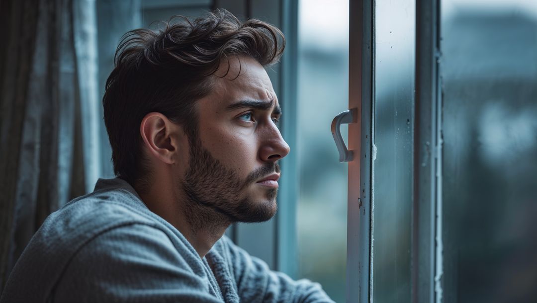 Thoughtful Man Gazing Out Window in Minimalist Urban Setting