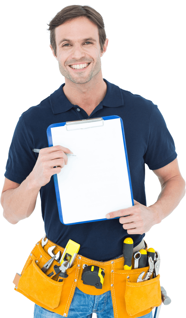 Handsome Carpenter Holding Blank Transparent Clipboard Smiling