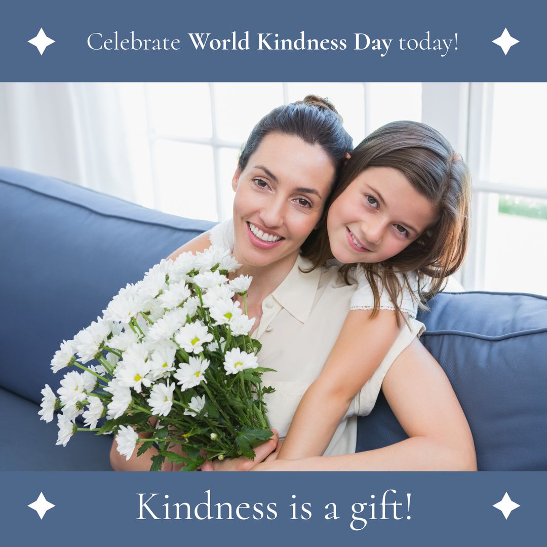 Mother and Daughter Celebrating World Kindness Day with Flowers