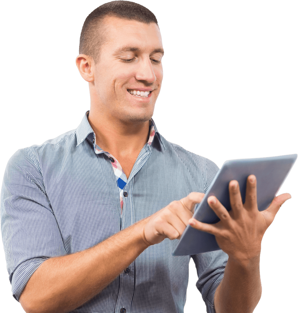 Smiling Professional Using Tablet on Transparent Background