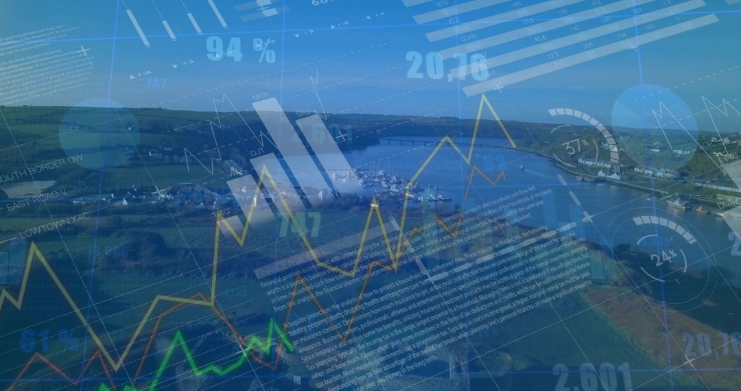 Aerial View of Harbor Melded with Financial Data Graphs
