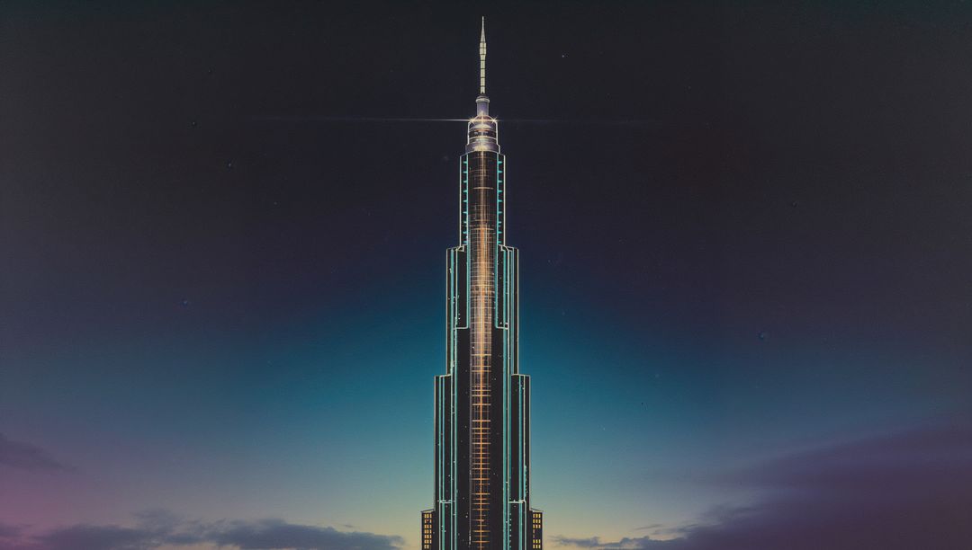 Slender skyscraper piercing twilight sky with illuminated spire and vertical LED lines