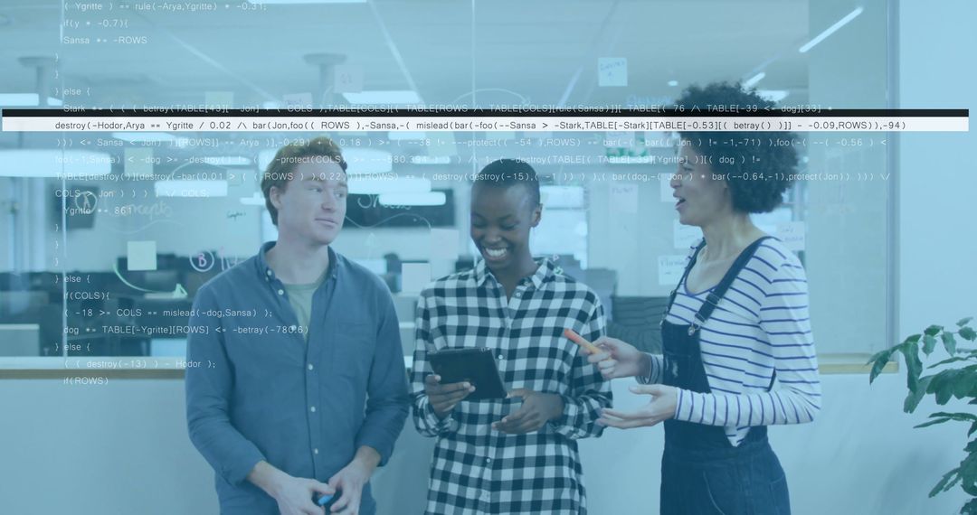 Developers Collaborating on Tablet in Modern Office with Code Overlay
