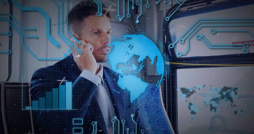 Businessman Communicating with Digital Technology Overlay in Train
